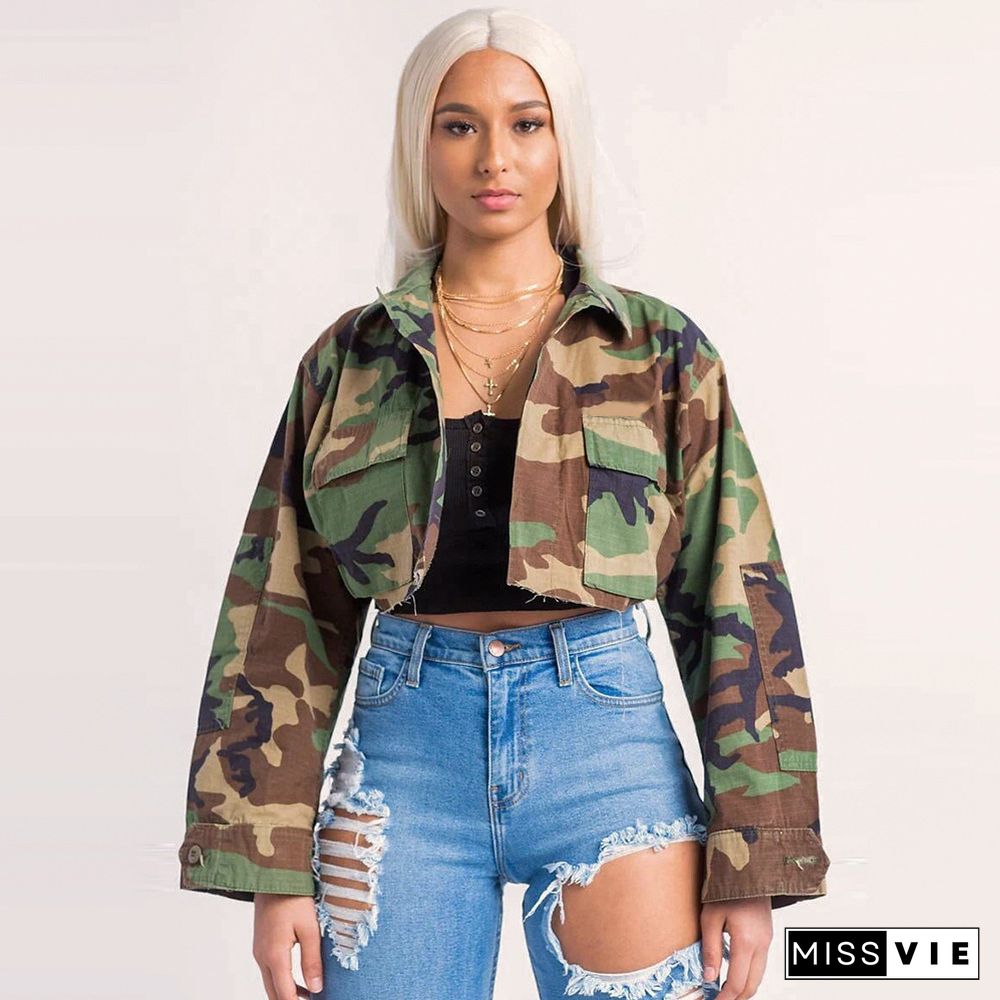 Camouflage Print Lapel Big Pockets Cropped Jacket