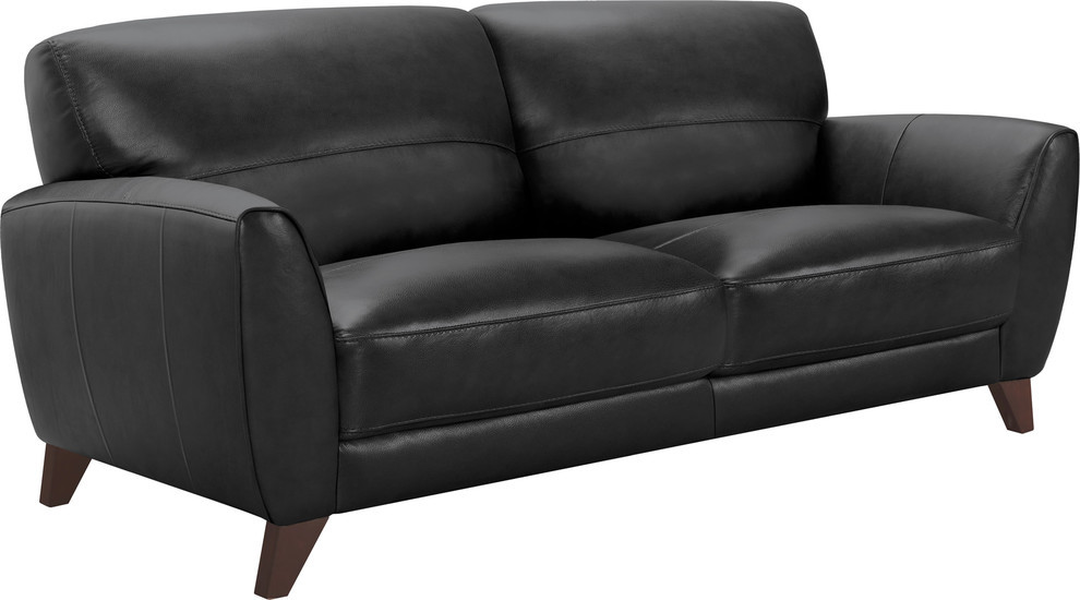 Jedd Contemporary Sofa  Genuine Black Leather With Brown Wood Legs   Midcentury   Sofas   by Homesquare  Houzz