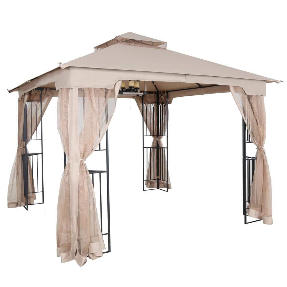 LAUREL CANYON 10 ft x 10 ft Khaki Soft Top Steel Outdoor Patio Gazebo with Netting and Shelves