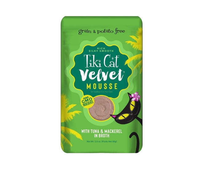 Tiki Cat Velvet Mousse Wet Cat Food， Tuna  Mackerel， 2.8 oz. Pouch