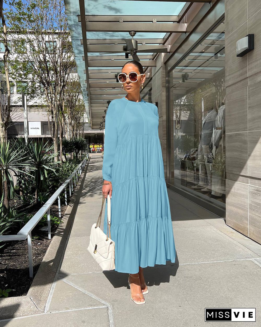 Solid Long Sleeve Loose Fitting Pleated Maxi Dresses