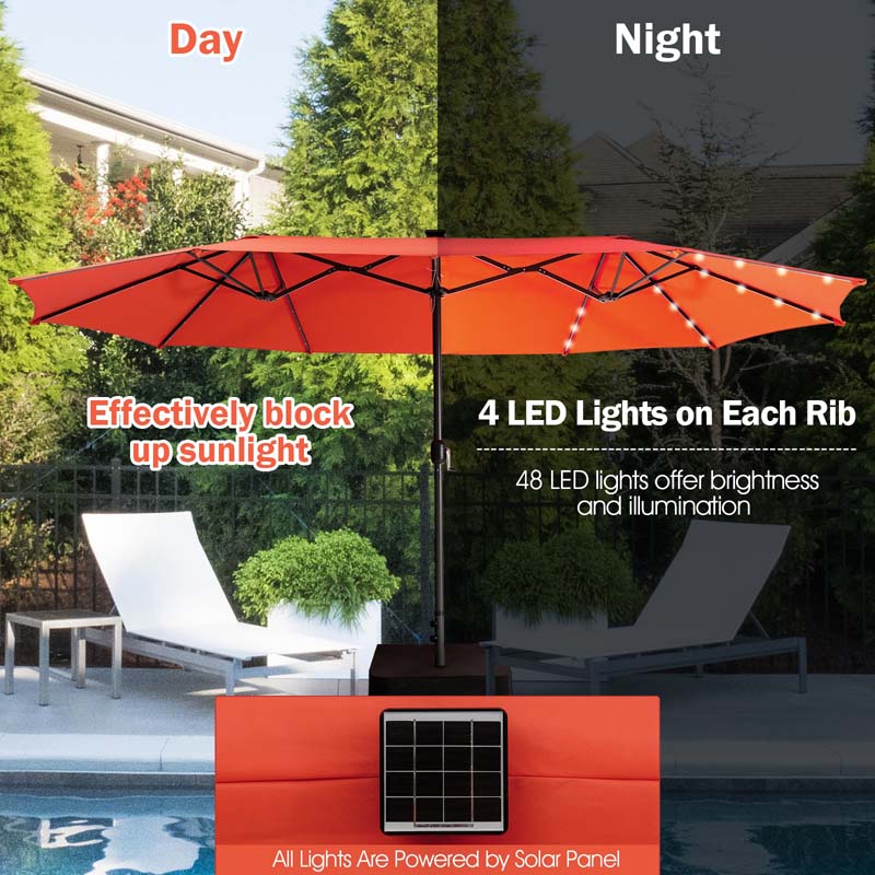 15 FT Double-Sided Patio Umbrella with 48 Solar Lights, Extra-Large Outdoor Twin Market Umbrella with Base