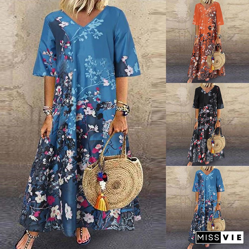 Women's Short Sleeve V-neck Graphic Floral Printed Maxi Dress