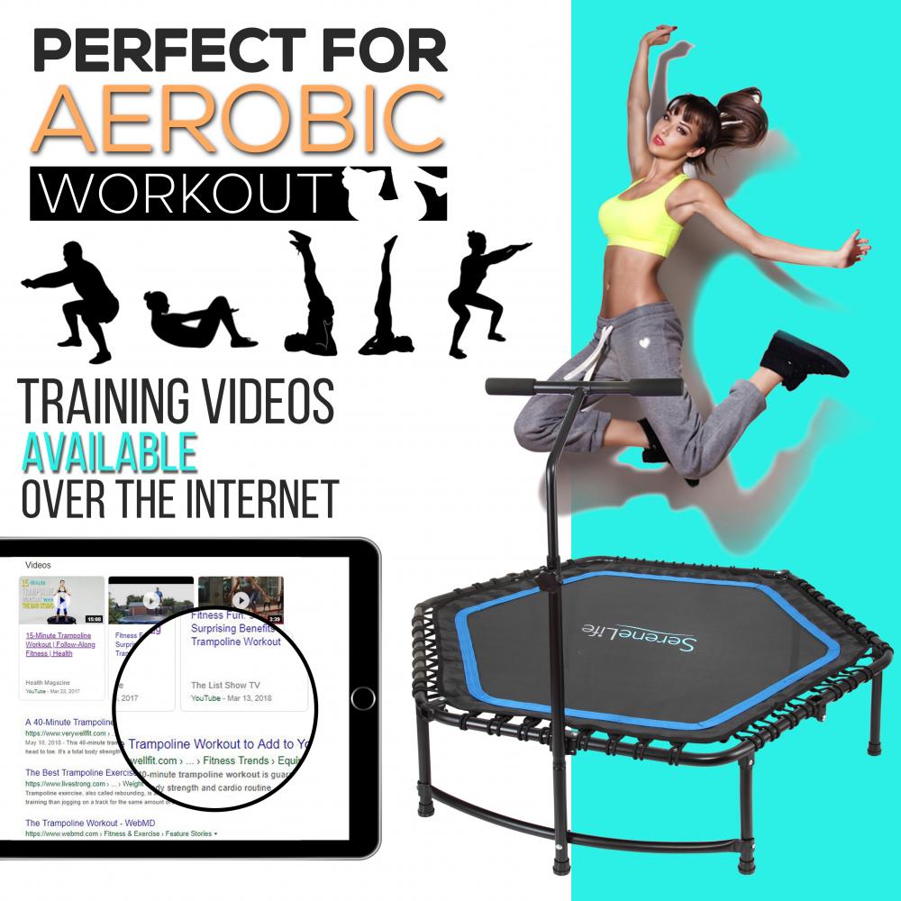 SereneLife SLELT518  Pro Aerobics Fitness Trampoline  Portable Gym Sports Trampoline with Adjustable Handrail