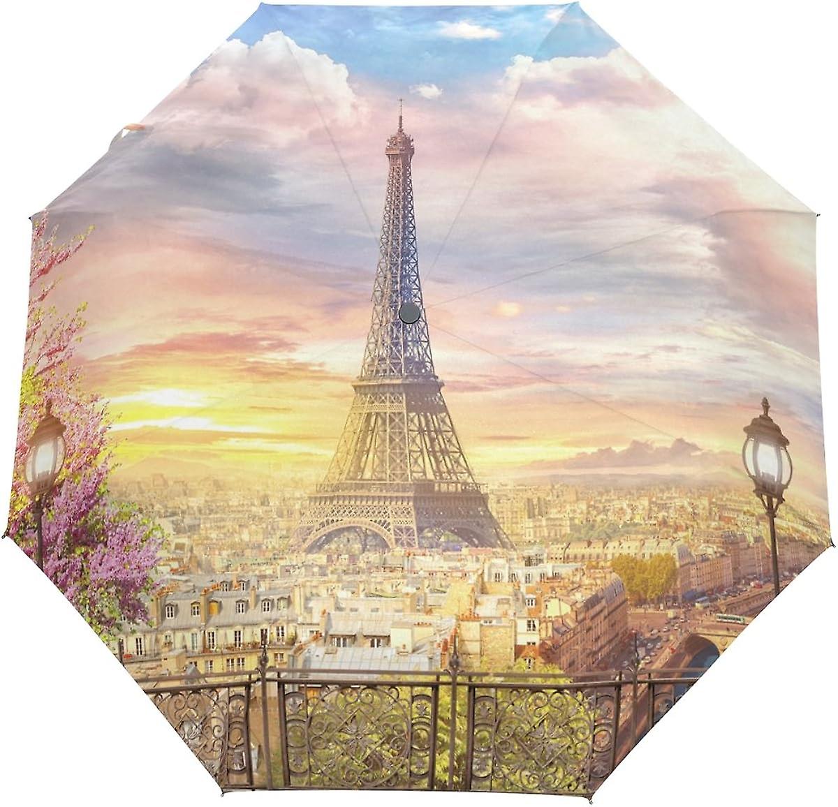 Rain Umbrella Automatic Windproof Foldable Umbrella Eiffel Tower Sunset