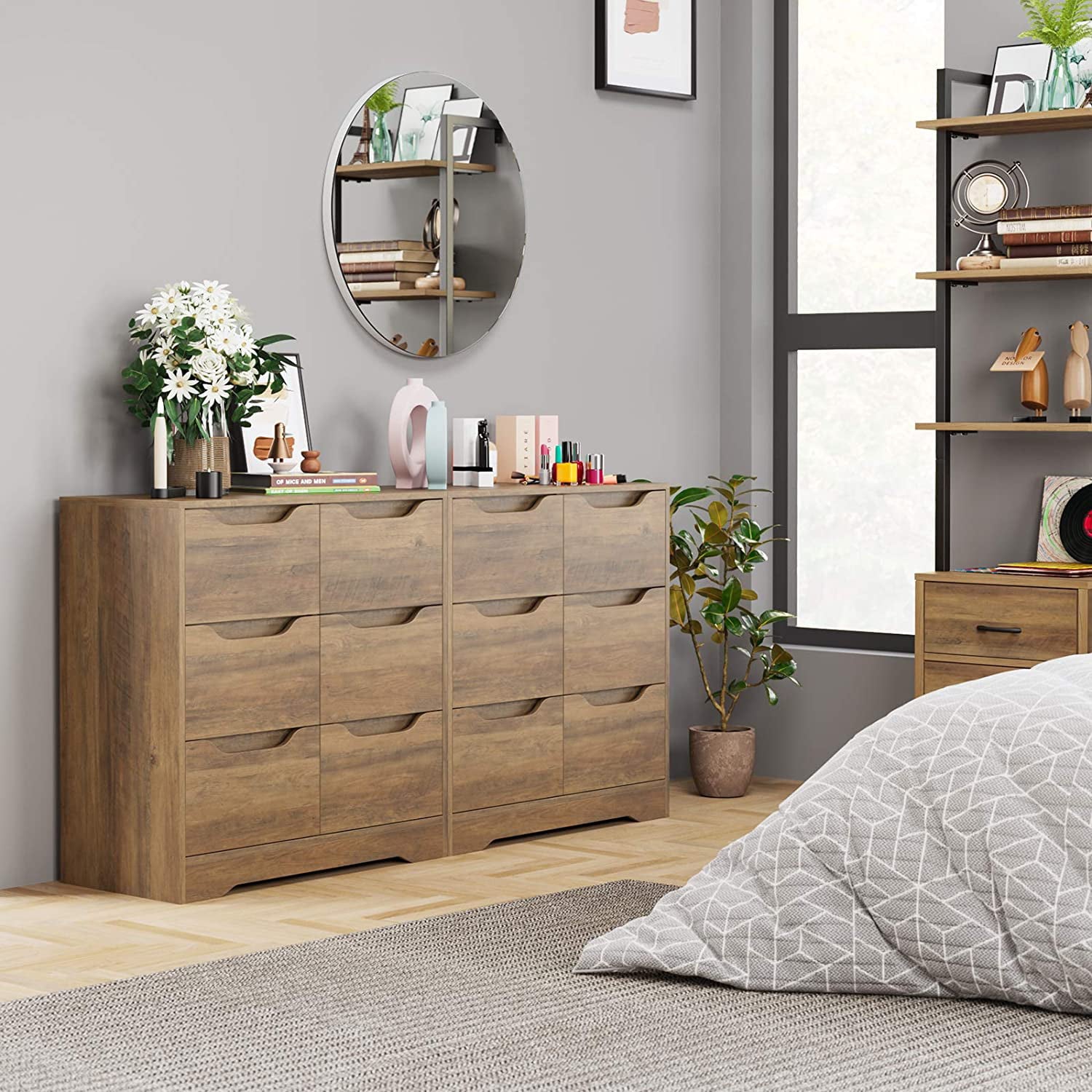 Homfa 6 Drawer Double Dresser, Modern Wood Storage Chest Cabinet for Home Bedroom Living Room, Rustic Brown