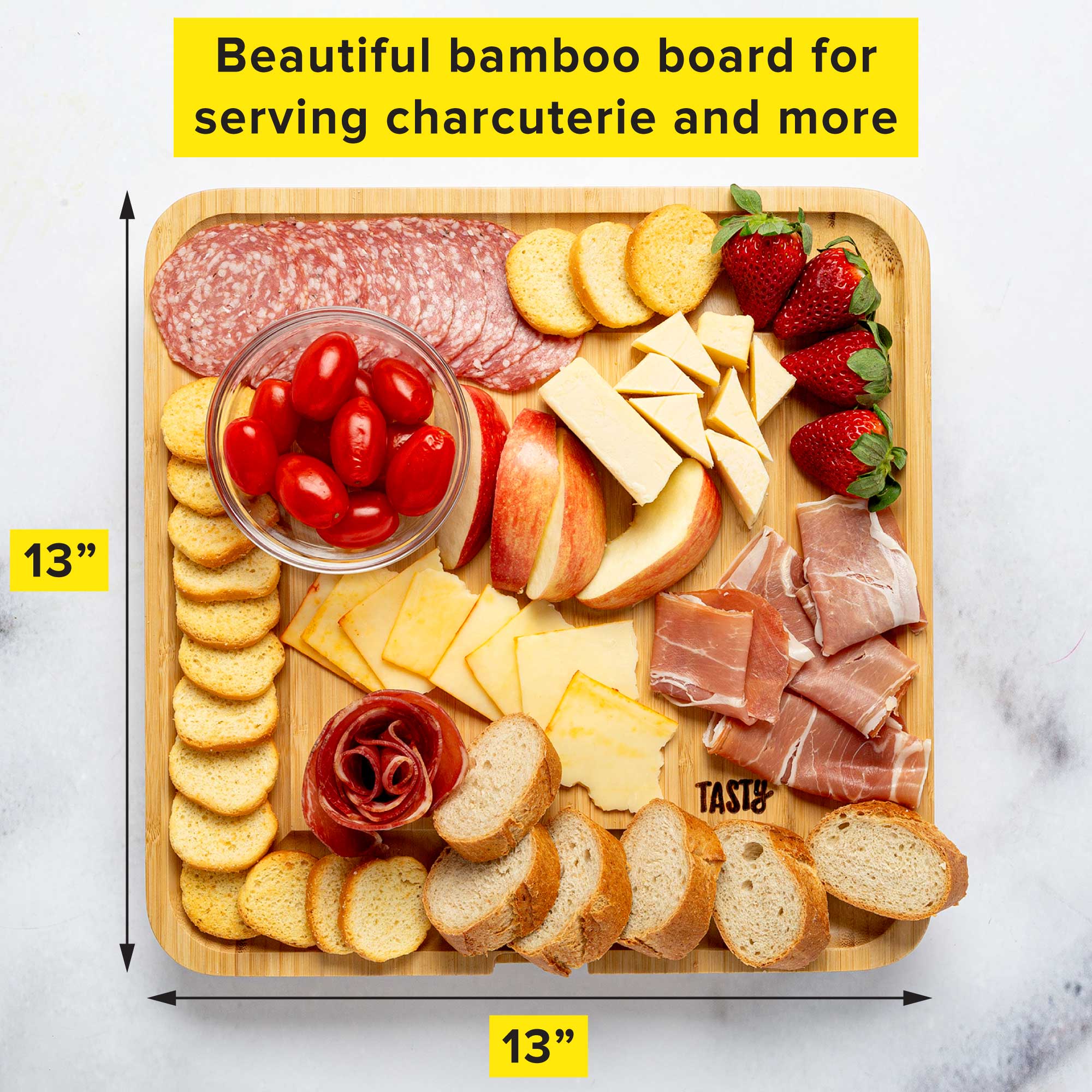 Tasty Natural Bamboo Cheese Board and Charcuterie Tray with Hidden Drawer， Utensils， Markers， and Chalk， 13