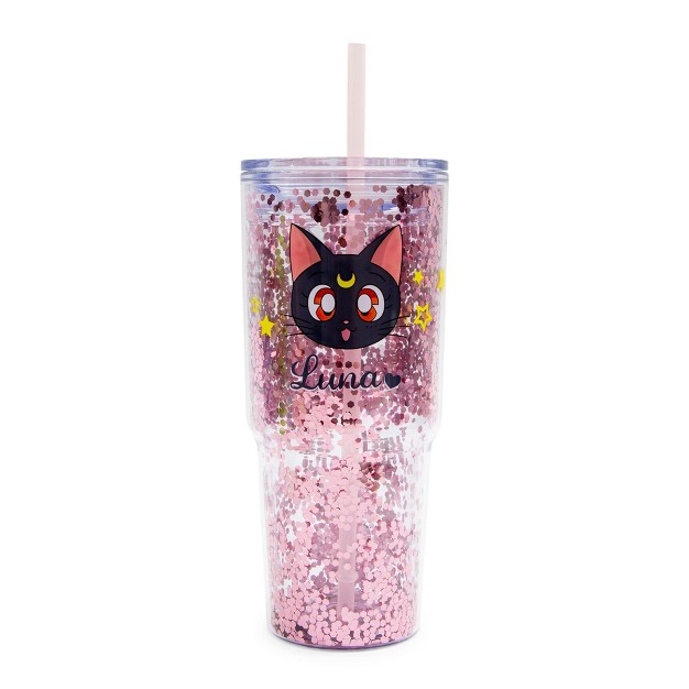 Just Funky Sailor Moon Luna And Artemis Glitter Tumbler With Lid And Straw Hold 31 Ounces