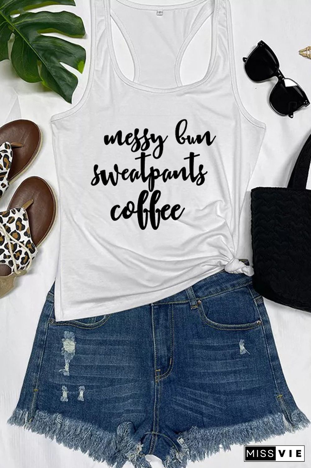 Messy Bun Sweatpants Coffee #mom life Printed Sleeveless Tank Top Wholesale