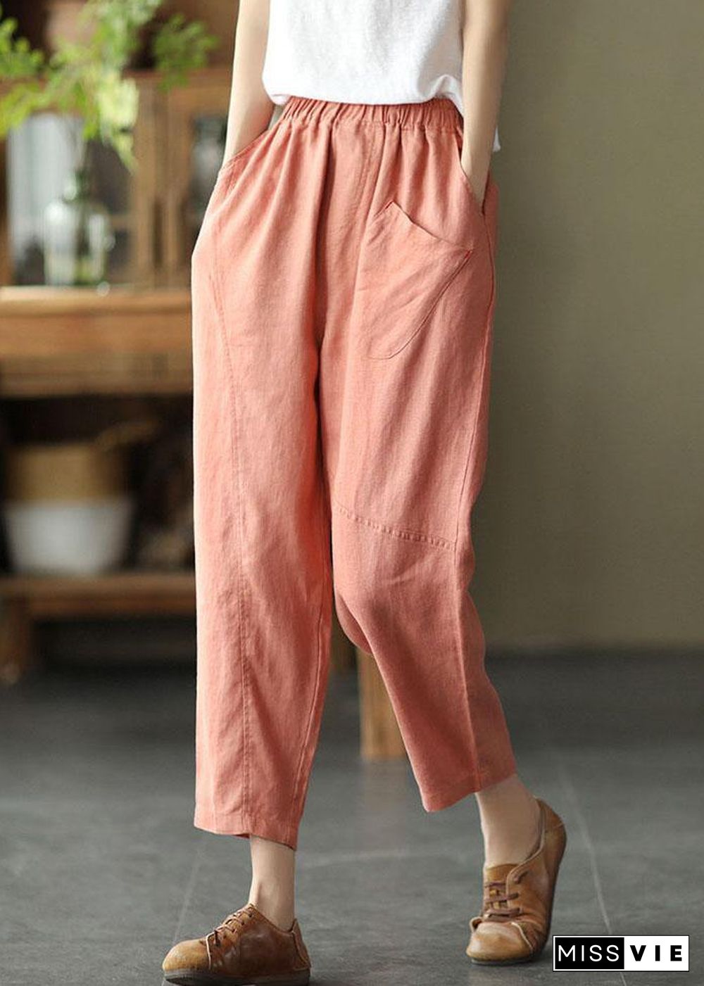 French Pink Casual Loose Patchwork Summer Linen Pants