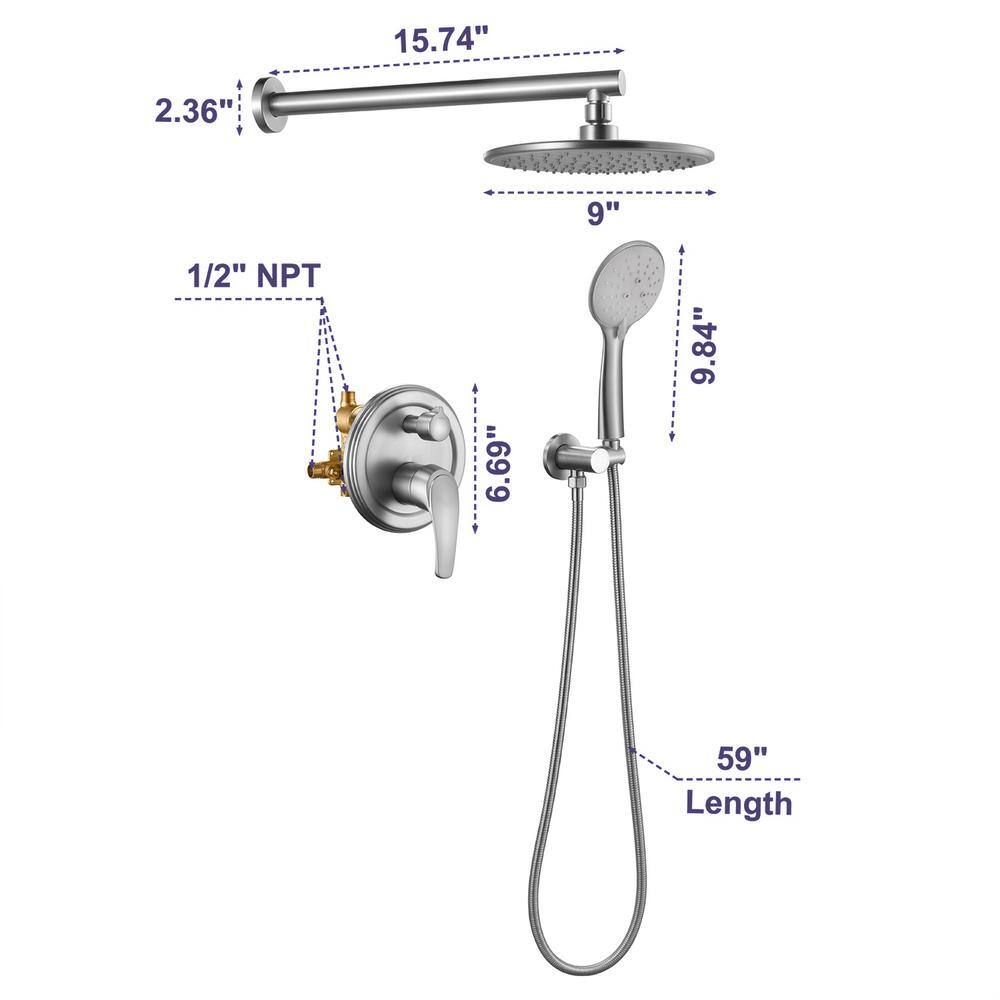 Maincraft 5-Spray 9 in. 2.4 GPM Wall Mount Dual Shower Heads with Handheld Built-In Shower System in Brushed Nickel HHK-88040BN-9