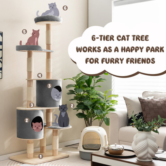 Costway 62913745 6 Tier Wooden Cat Tree with 2 Rem...