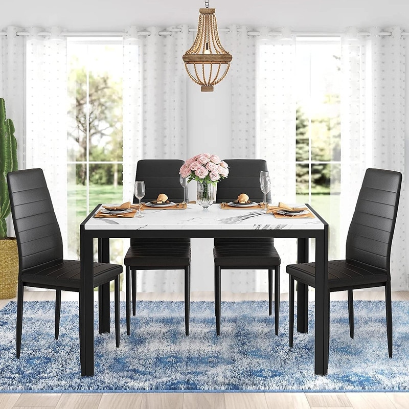 Mieres Modern Faux Marble 5 Pieces Kitchen Dining Set  Home Bar Dining Table Set with Upholstered PU Leather Chairs