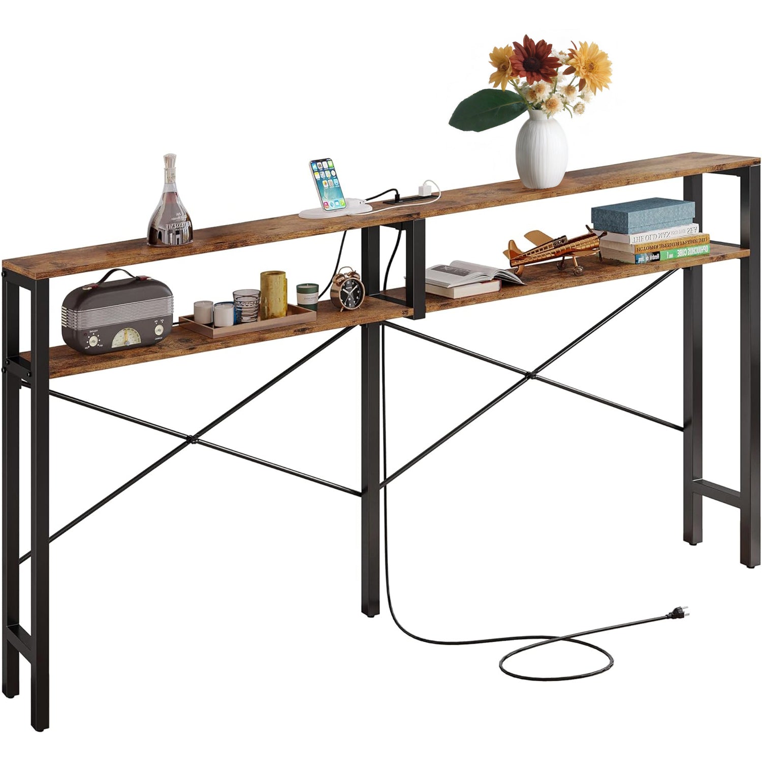 Industrial Console Table X-shaped Entryway Table Narrow Sofa Table with Power Outlet and Shelves