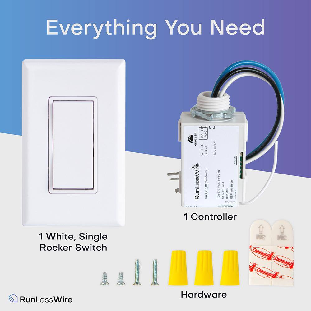 RunLessWire Simple Wireless Light Switch Kit No-Wires and Battery-Free Light Switches for Home (1 Receiver and 1 Light Switch) RW9-SKWH