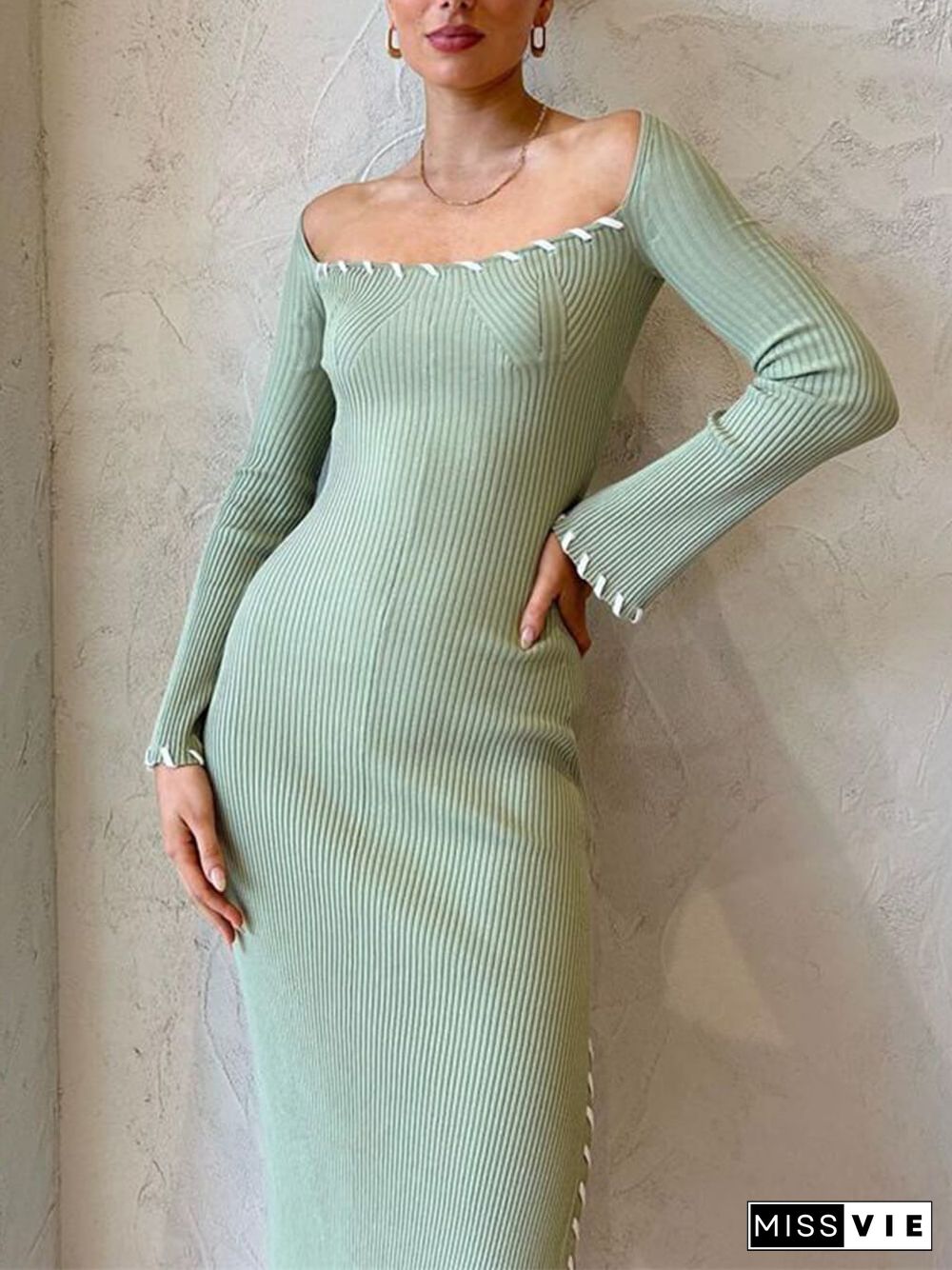 High Waist Solid Color Bodycon Slit Midi Dress