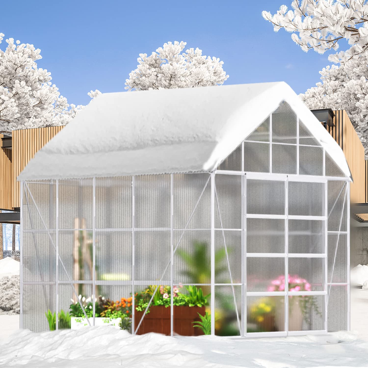 Yoleny 10' x 10' x 10.3' Outdoor Walk-in Hobby Greenhouse for Plants, Polycarbonate Aluminum Green House with Adjustable Roof Vent and Sliding Door for Backyard Garden in Winter