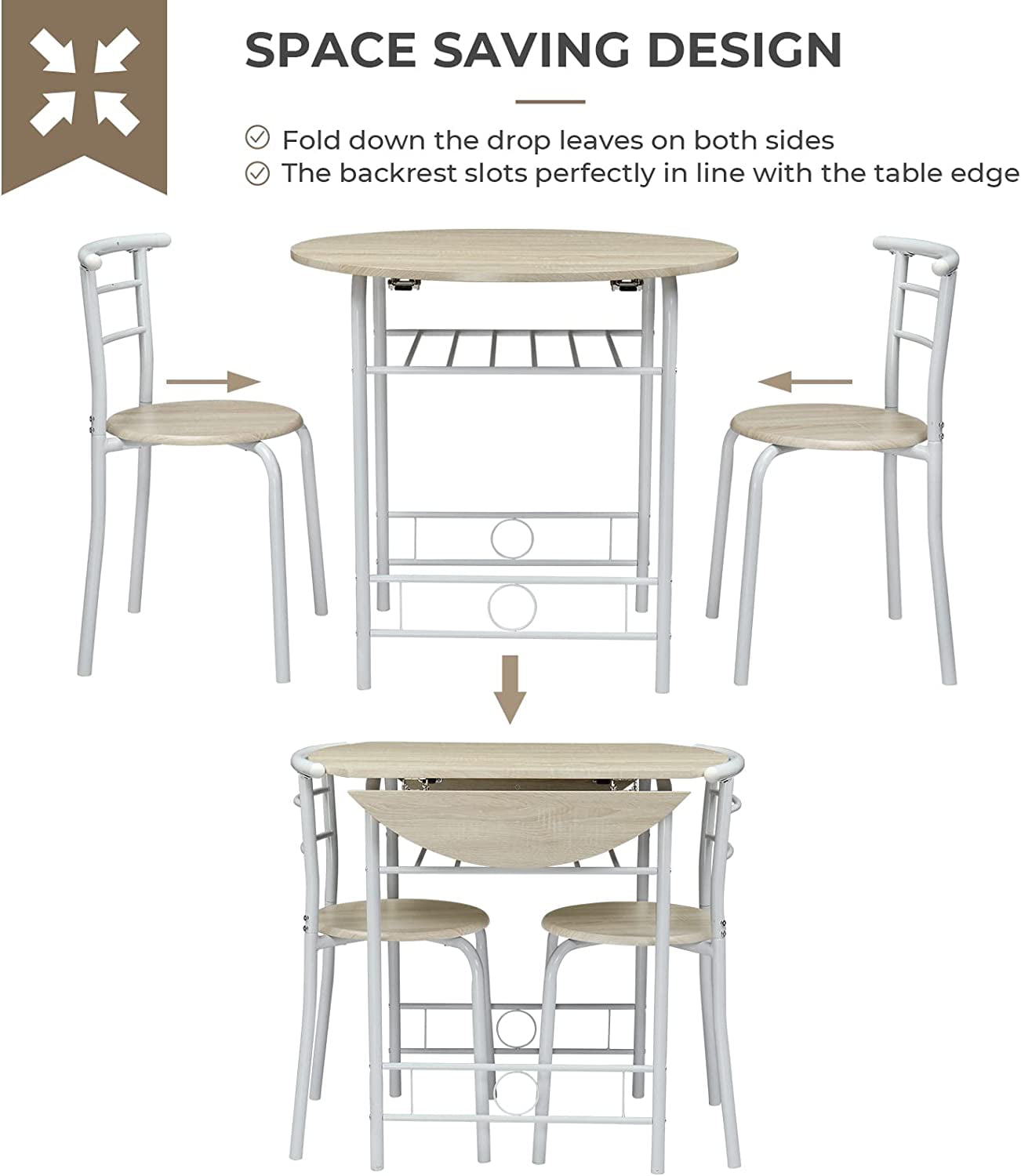 VINGLI Folding Dining Table and Chairs for 2,31.5 Drop Leaf Dining Table for Small Space,Round Folding Table with 2 Chairs for Home,Kitchen,Apartment,White&Oak