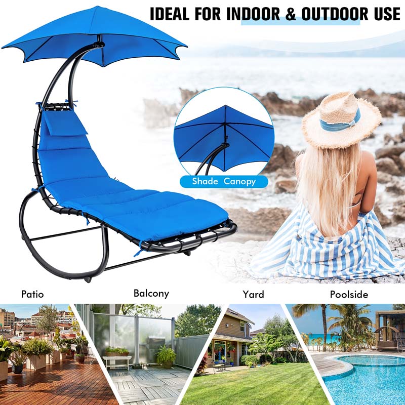 Full-Padded Hammock Chair Swing Patio Sun Lounger with Shade Canopy, Outdoor Chaise Lounge Hanging Chair for Pool Beach Deck