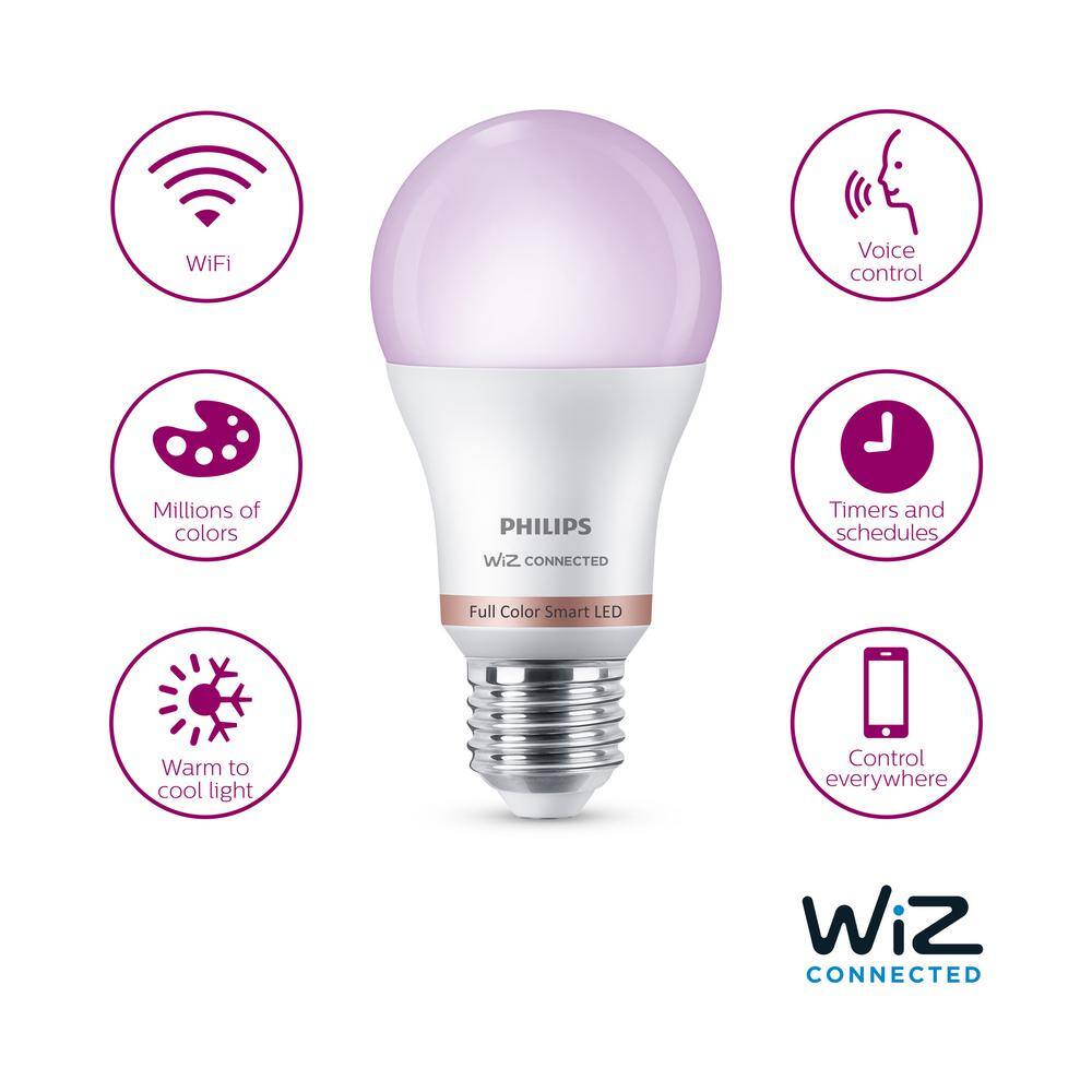 Philips 60-Watt Equivalent A19 LED Smart Wi-Fi Color Changing Smart Light Bulb powered by WiZ with Bluetooth (4-Pack) 562702