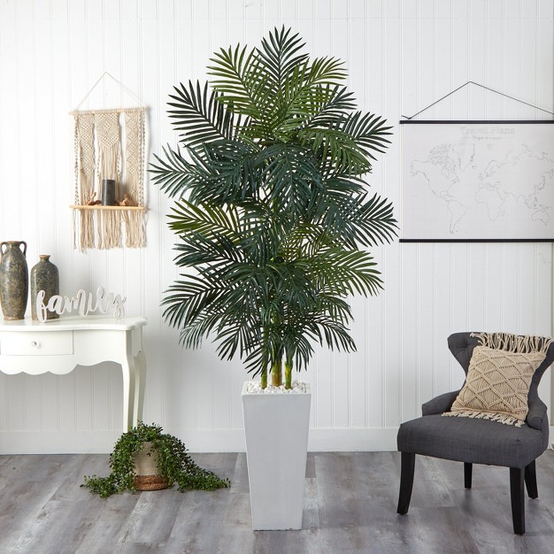 Nearly Natural 7.5-ft Golden Cane Palm Artificial Tree In White Tower Planter