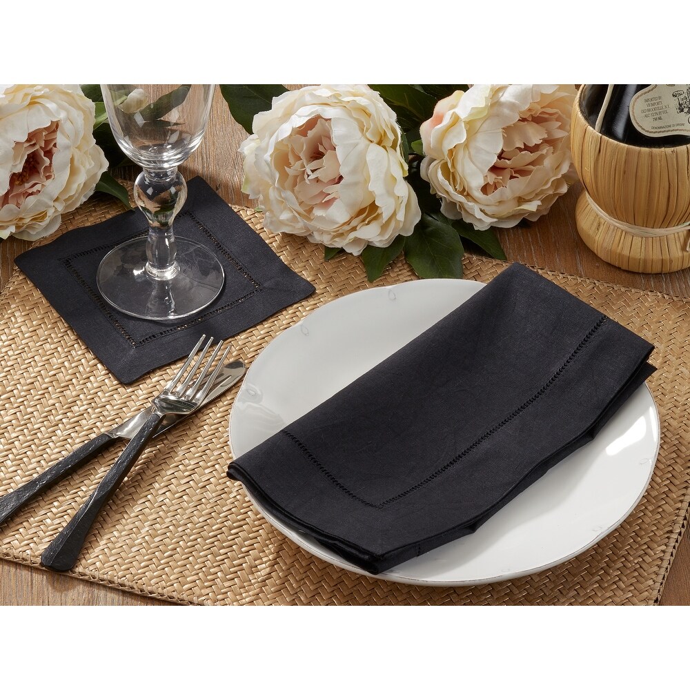 Hemstitched Linen Blend Cocktail Napkins (Set of 12)