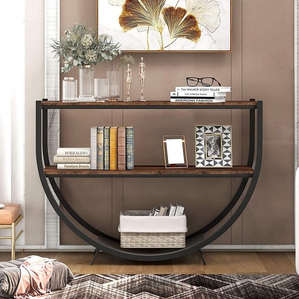 Industrial Sofa Console Table， Metal Demilune Shape Sofa Display Table with Three Shelves， Foyer Table for Hallway， Corridor