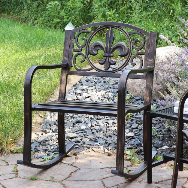 Sunnydaze Traditional Fleur de lis Design Cast Iron And Steel Outdoor Rocking Chair