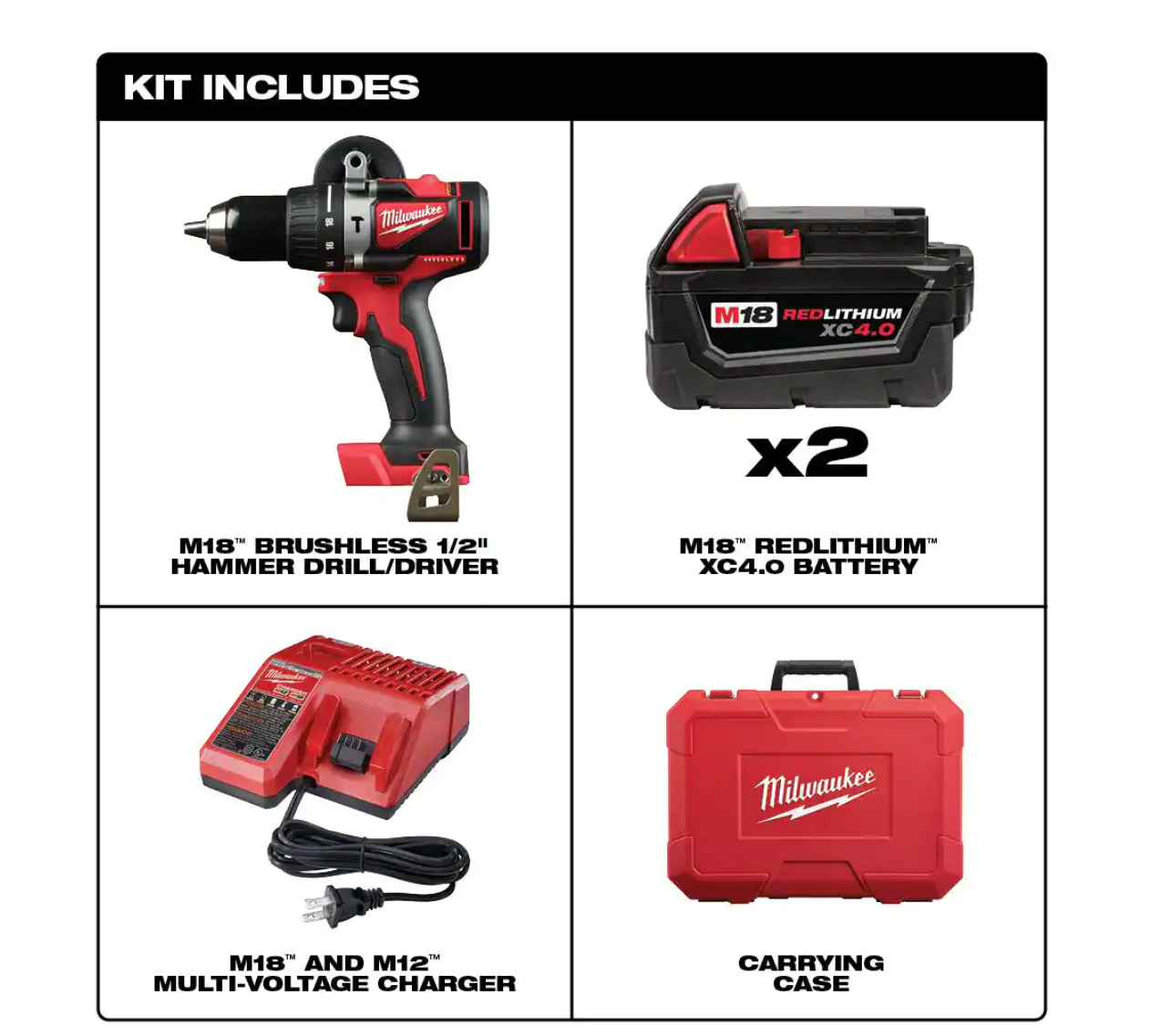 Milwaukee 2902-22 M18 18-Volt Lithium-Ion Brushless Cordless 1/2 in. Compact Hammer Drill/Driver Kit w/Two 4.0Ah Batteries and Hard Case