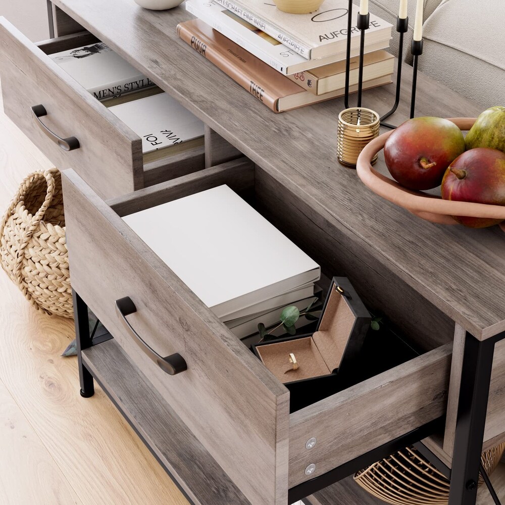 Industrial Console Table with Drawers  Vintage Hallway Foyer Table with Storage Shelves  Narrow Long Sofa Entryway Table