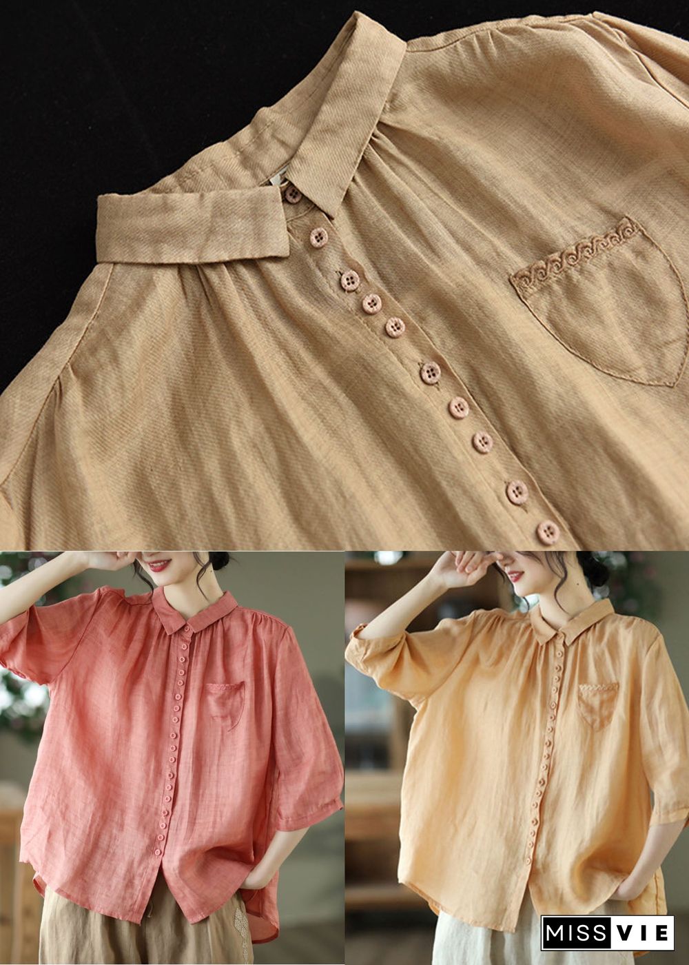 Casual Khaki Solid Button Pockets Linen Shirt Tops Half Sleeve