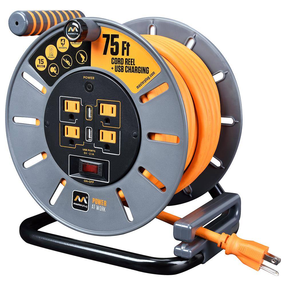 Masterplug 75 ft 15 Amp 12 AWG Large Open Reel with USB Charging and 4-Sockets OLP751512G4SLU