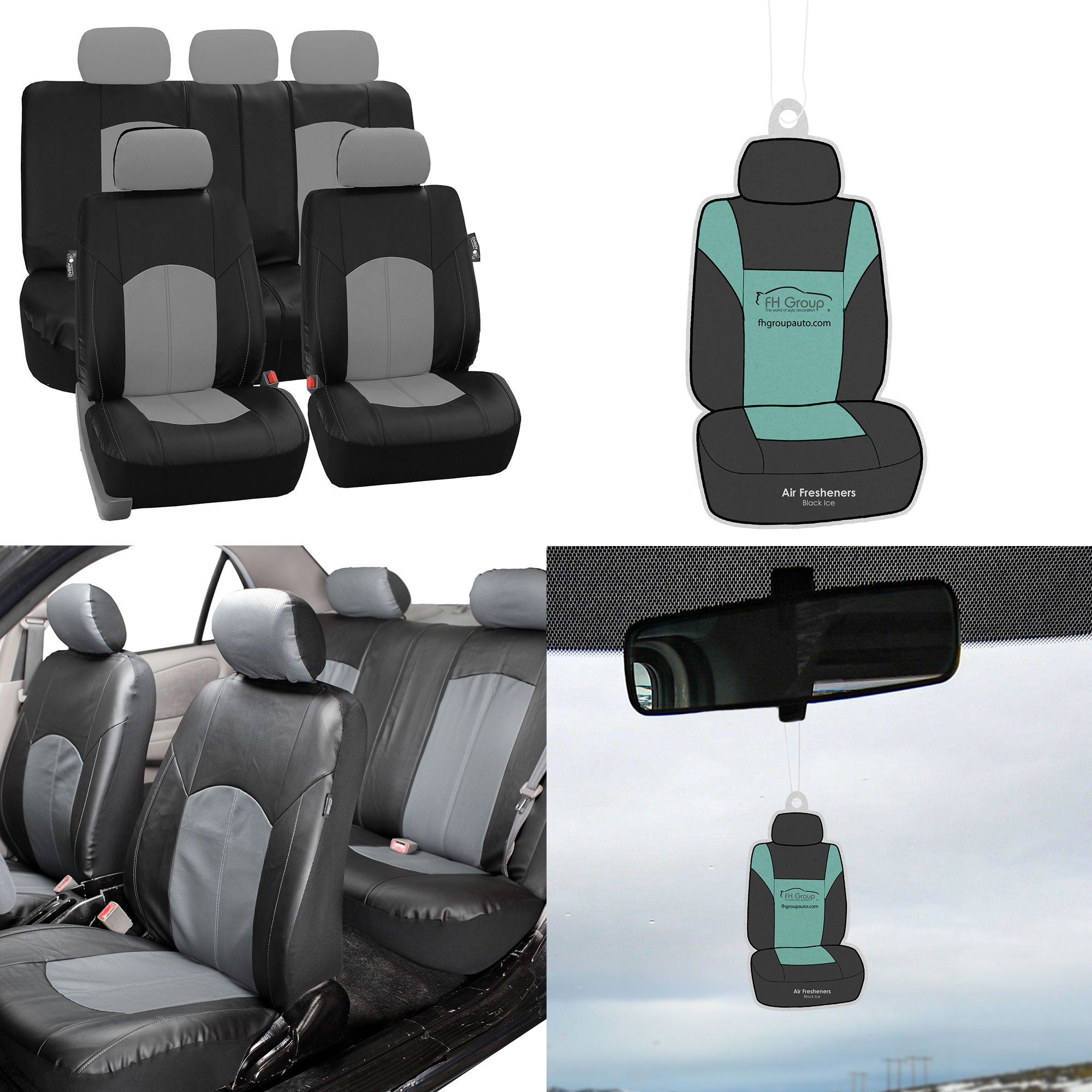 FH Group， Gray Black Deluxe Leather Seat Covers Full Set w/ Free Air Freshener， Airbag Compatible / Split Bench Covers