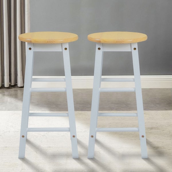 24 Inch， Rubber Wood Counter Height Round Top Backless Bar Stool， Set of 2， Brown and White