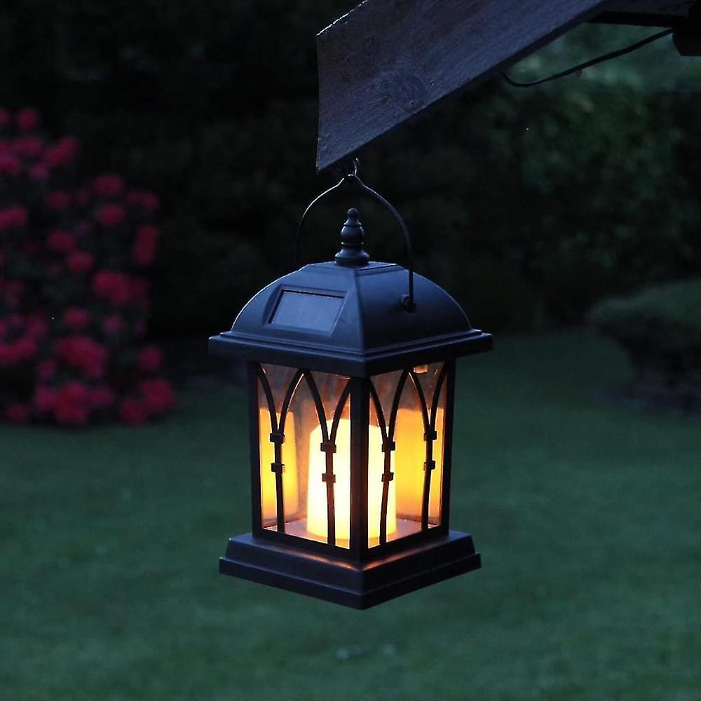 Black Solar Lantern With Led Candle And Deceptively Realistic Flickering Effect