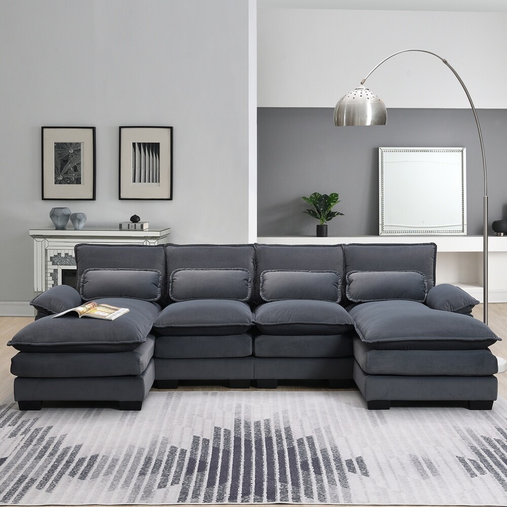 6 seat Upholstered U shaped Sectional Sofa with Waist Pillows