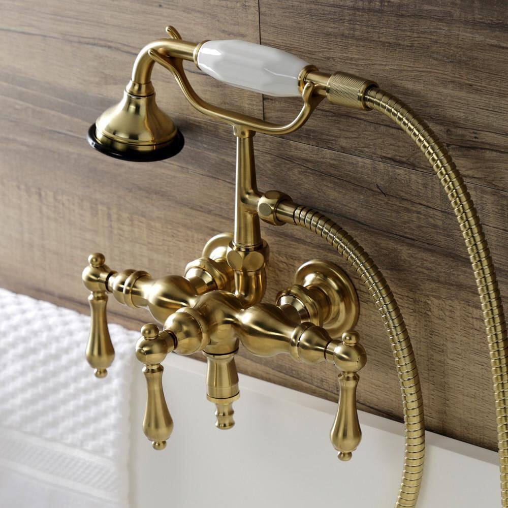 Kingston Brass Aqua Vintage 3-Handle Wall-Mount Clawfoot Tub Faucets with Hand Shower in Brushed Brass HAE19T7