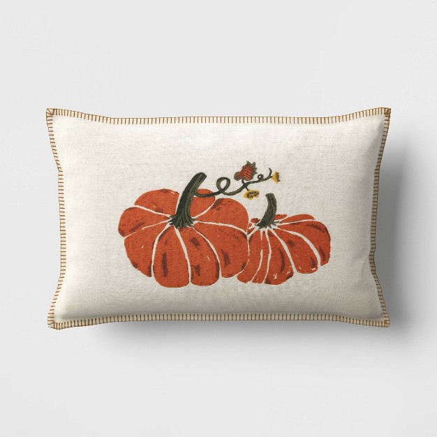 Printed Pumpkin With Blanket Stitch Edge Lumbar Throw Pillow Light Beige