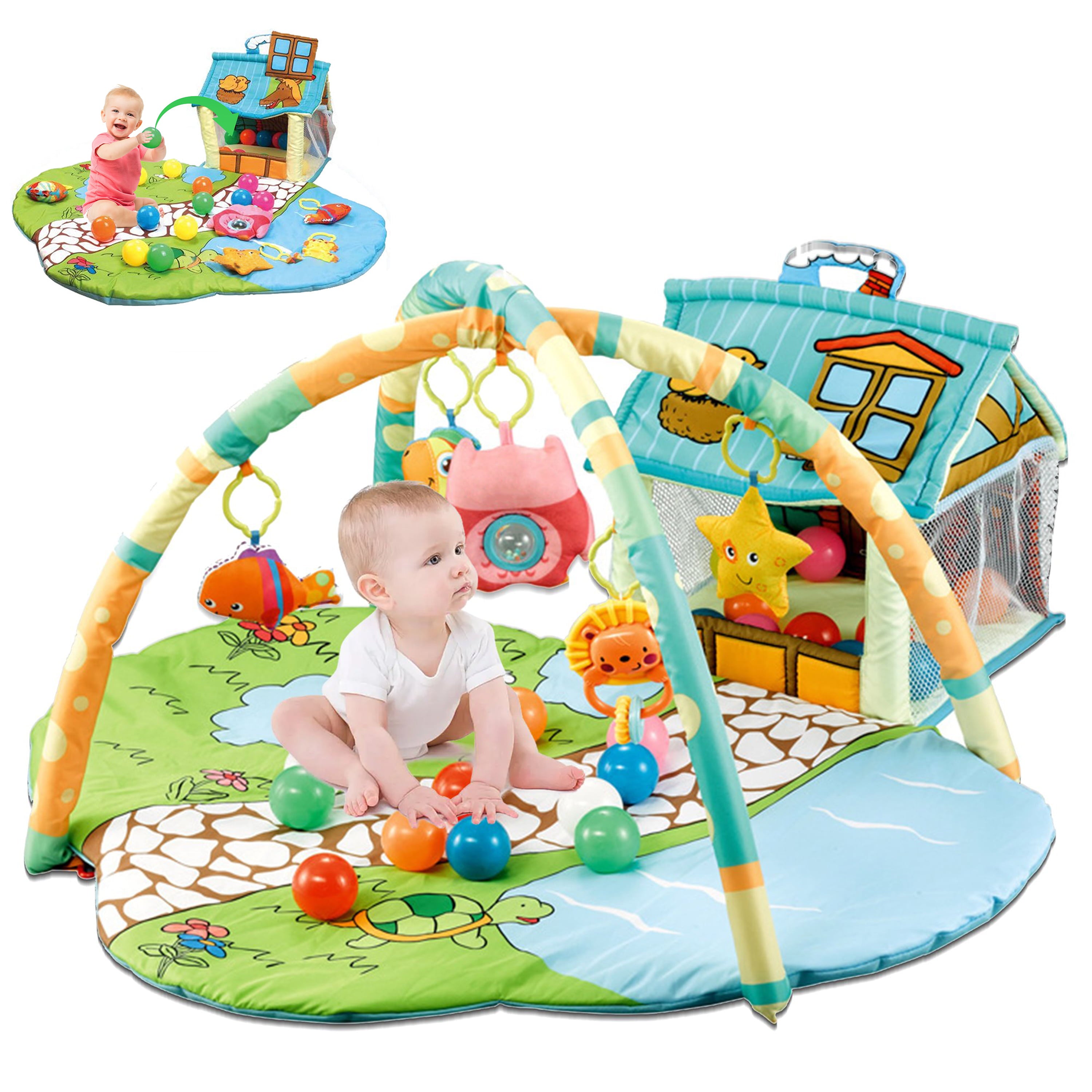 WZCPCV 3 in 1 Baby Infant Activity Gym Play Mat W/Hanging Toys，Baby Activity Gym and Play Mat，Baby Play Mat with Ball，Washable Baby Gym Mat