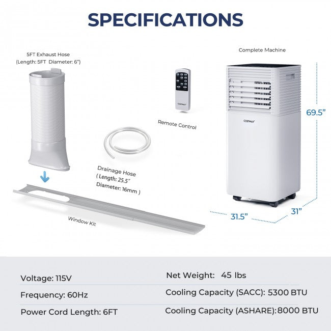 8000 BTU 3-in-1 Air Cooler with Dehumidifier and Fan Mode