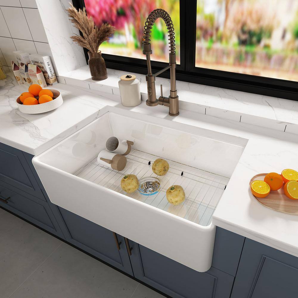 JimsMaison White Fireclay 33 in. Single Bowl Farmhouse Apron Kitchen Sink with Sink Grid JMAOKS01-3318WH