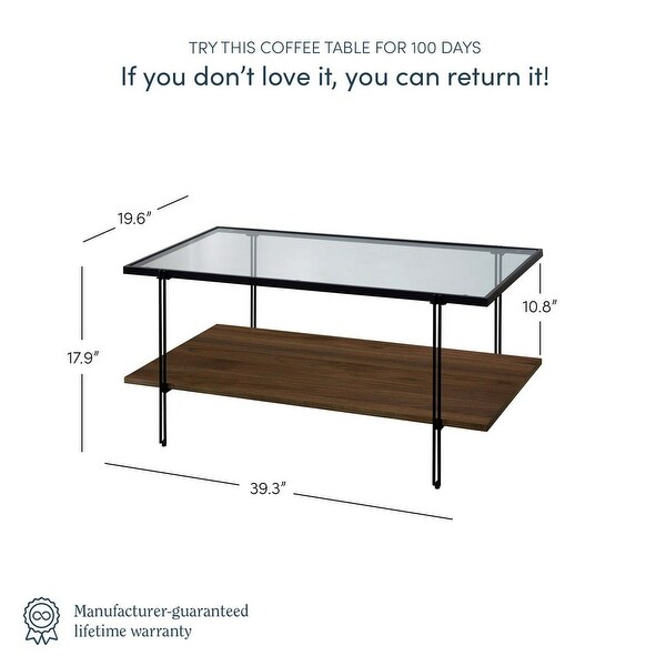 Asher Mid-Century Rectangle Coffee Table with Glass Top and Walnut Floating Shelf Black Metal Legs