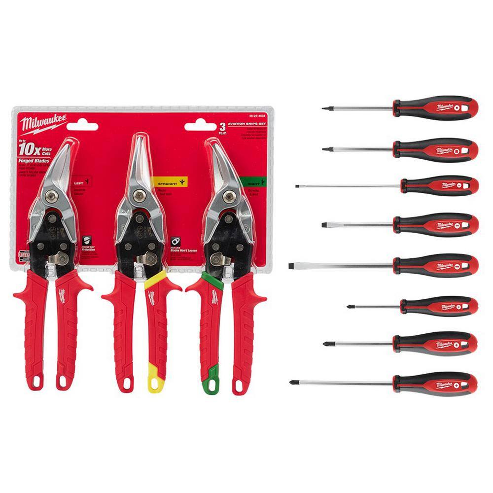 MW Straight-Cut Offset Aviation Snip (3-Pack) with Screwdriver Set (8-Piece) 48-22-4533-48-22-2718