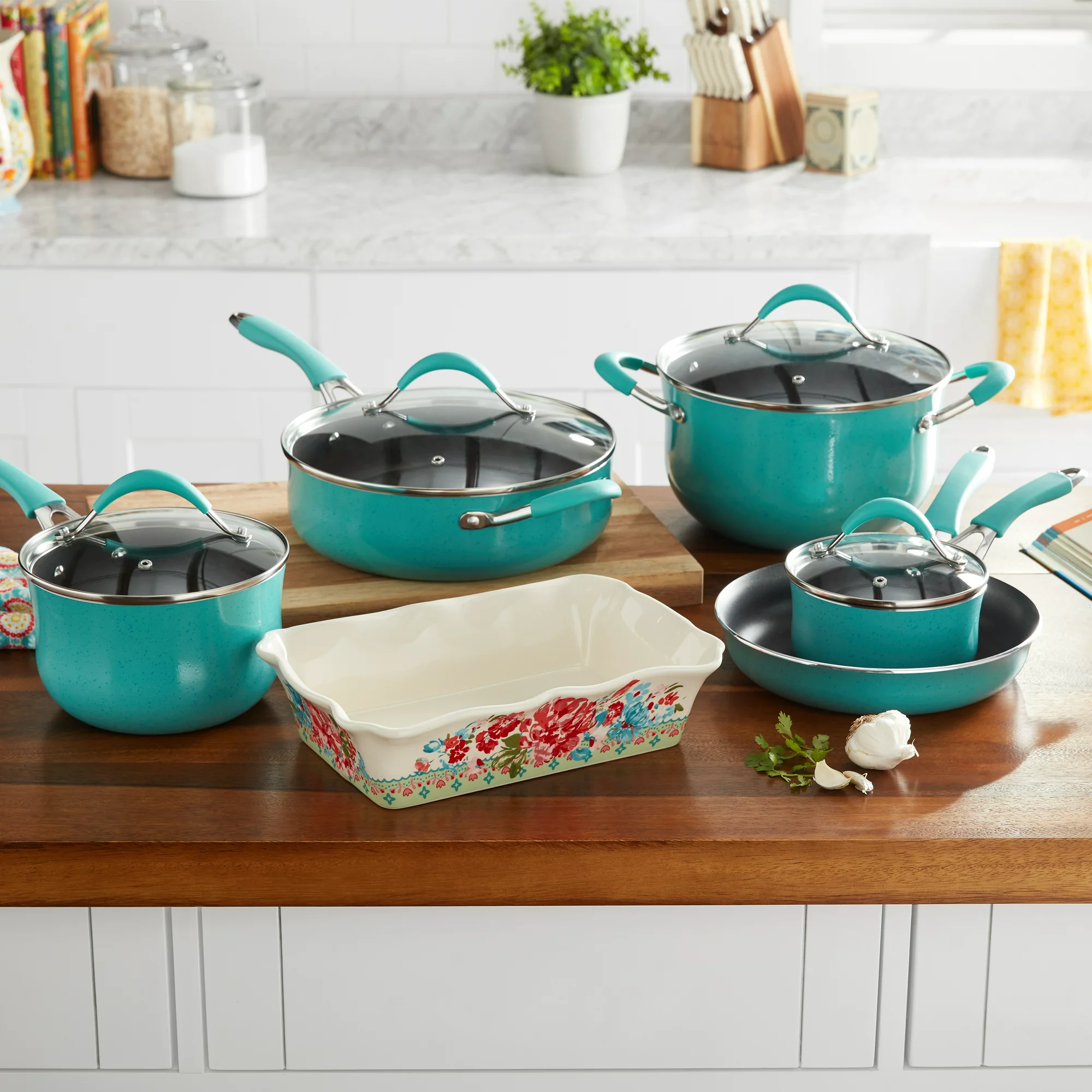 The Pioneer Woman Frontier Speckle Aluminum 10-Piece Cookware Set， Turquoise