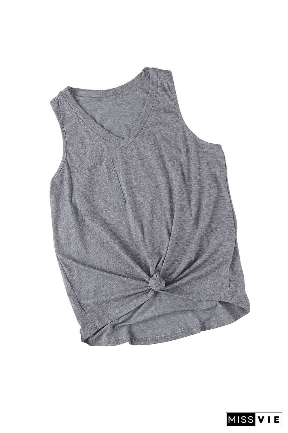 Gray V Neck Racerback Tank Top with Pocket