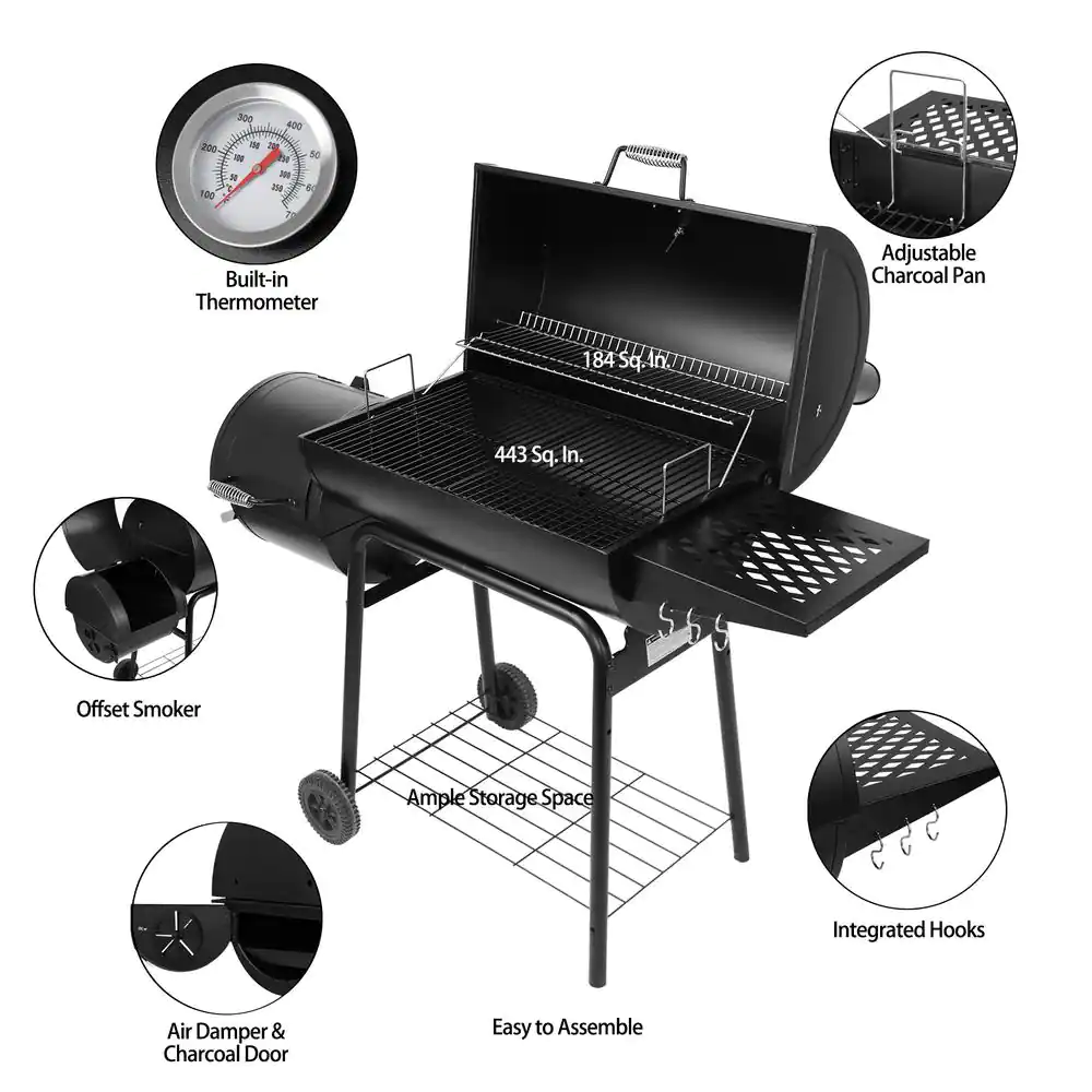 Royal Gourmet CC1830RC 30 in. Smoker Black Barrel Charcoal Grill with Offset Smoker with Cover For Outdoor， Backyard Cooking