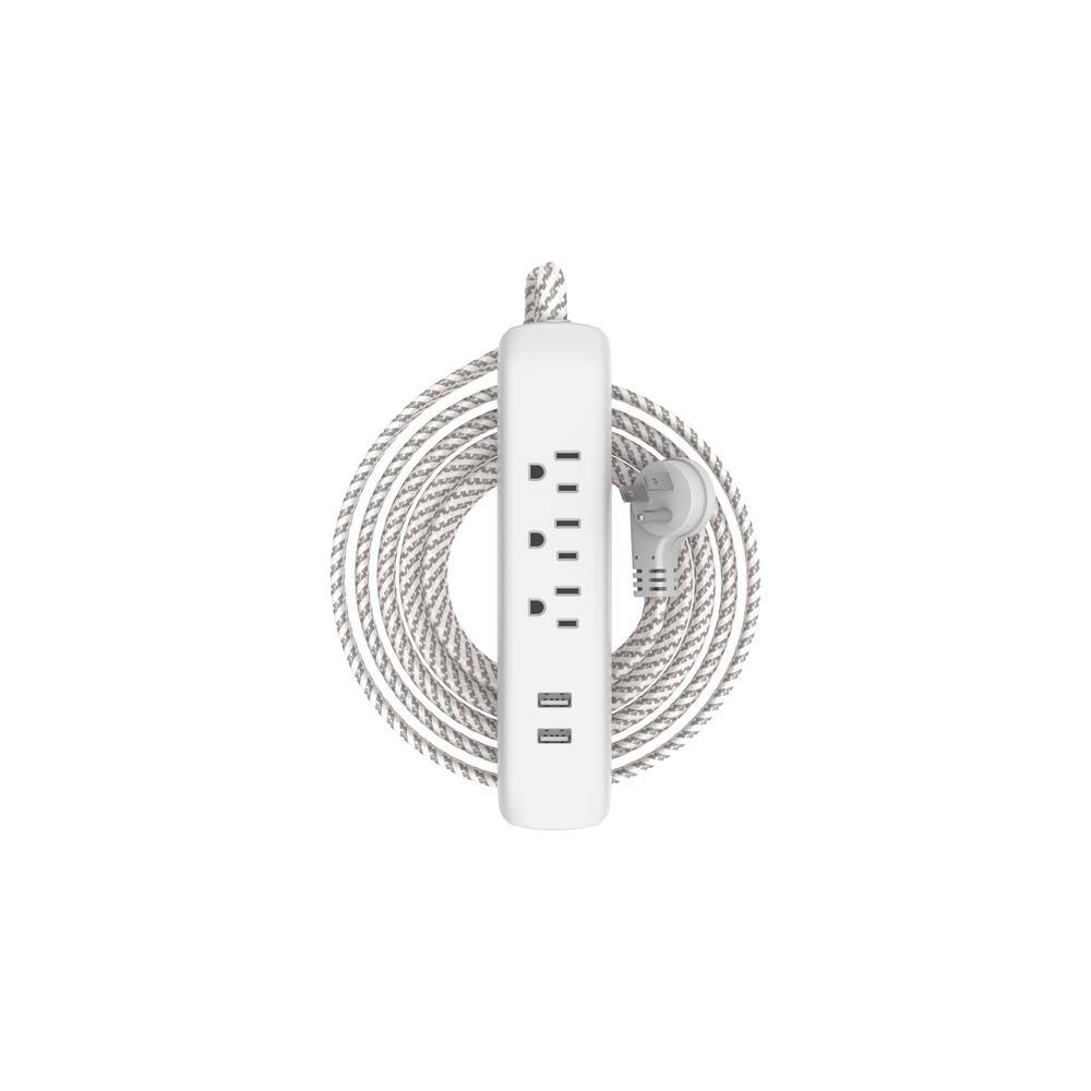 HDX 15 ft. 163 3 Outlet 2 USB Braided Extension Cord in White and Grey LTS-7A-2