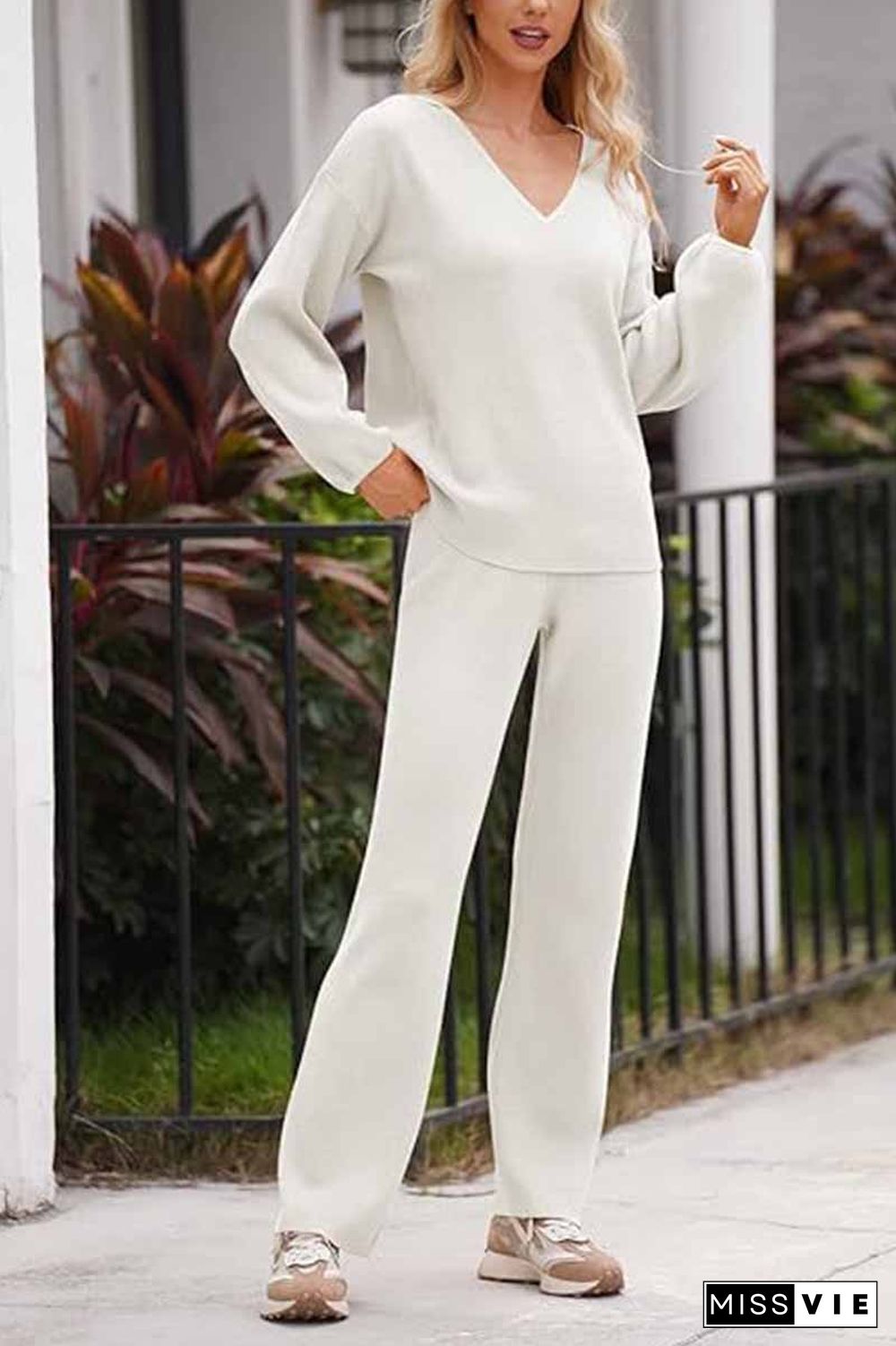 Solid V Neck Top & Straight Leg Pants Set