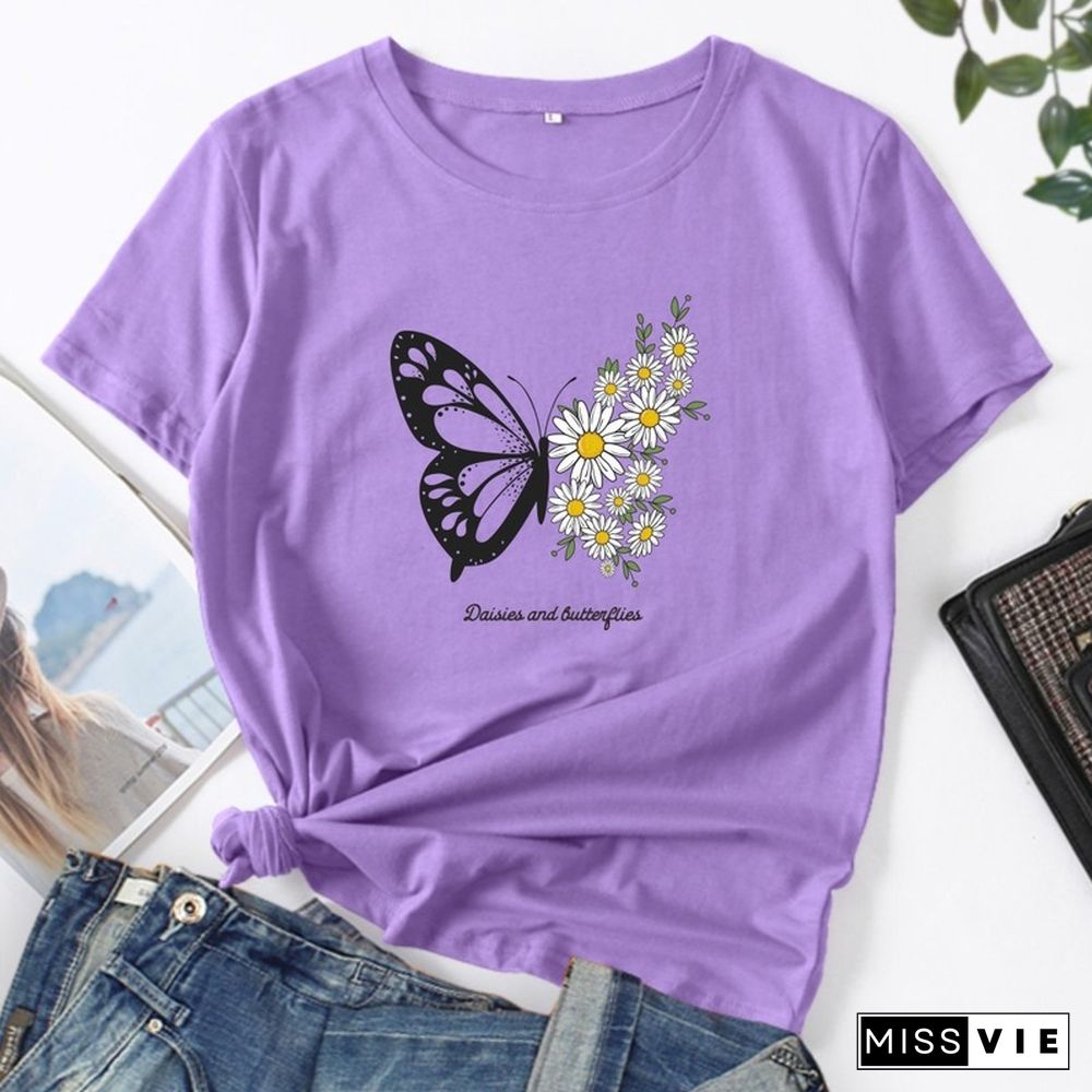 Summer Women Casual Short Sleeve T-shirt Butterfly Flower Print Female Fashion Graphic T Shirt Ladies Daily Loose O-Neck Tee Top