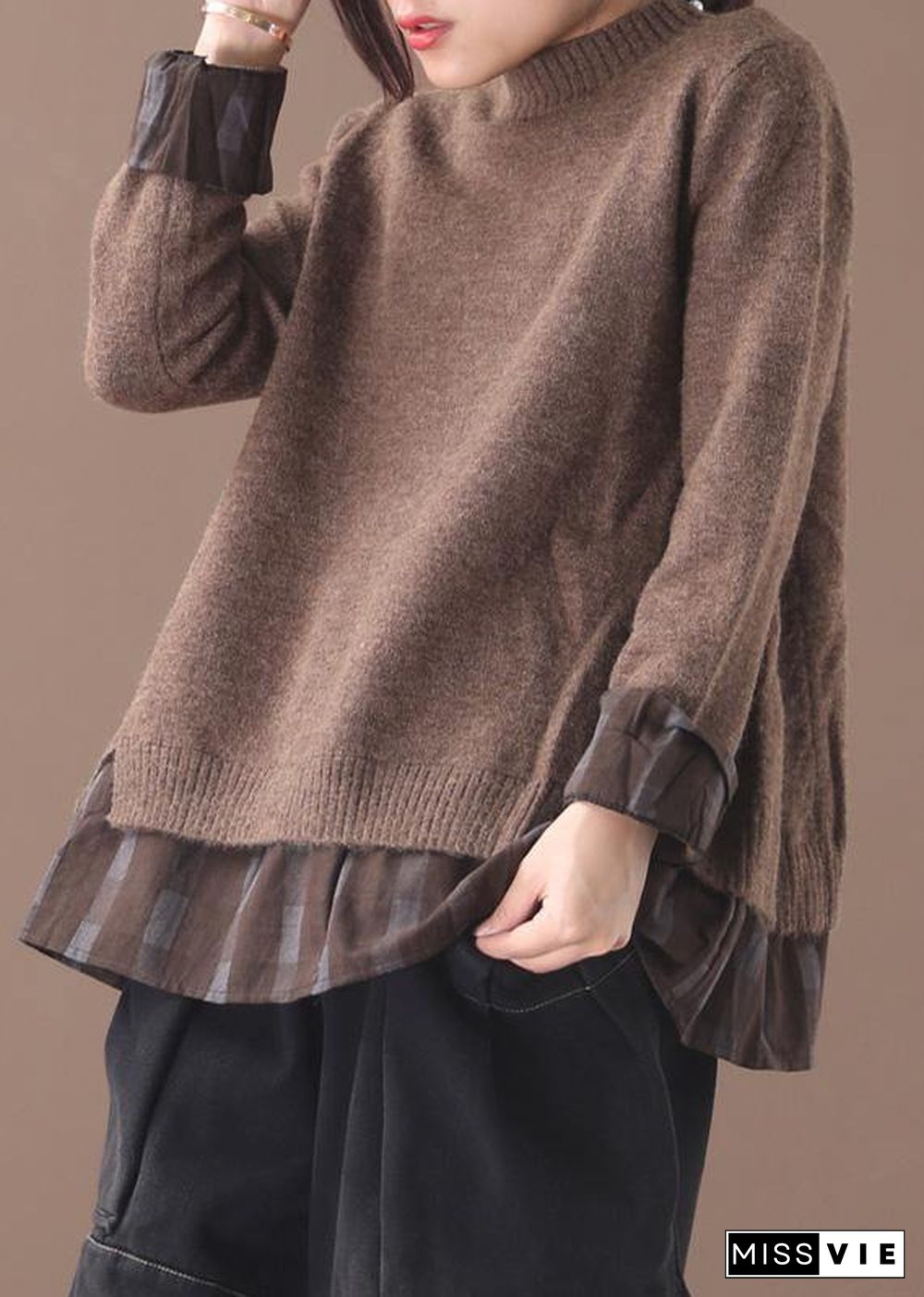 Winter o neck chocolate knitwear trendy plus size false two pieces knitted t shirt